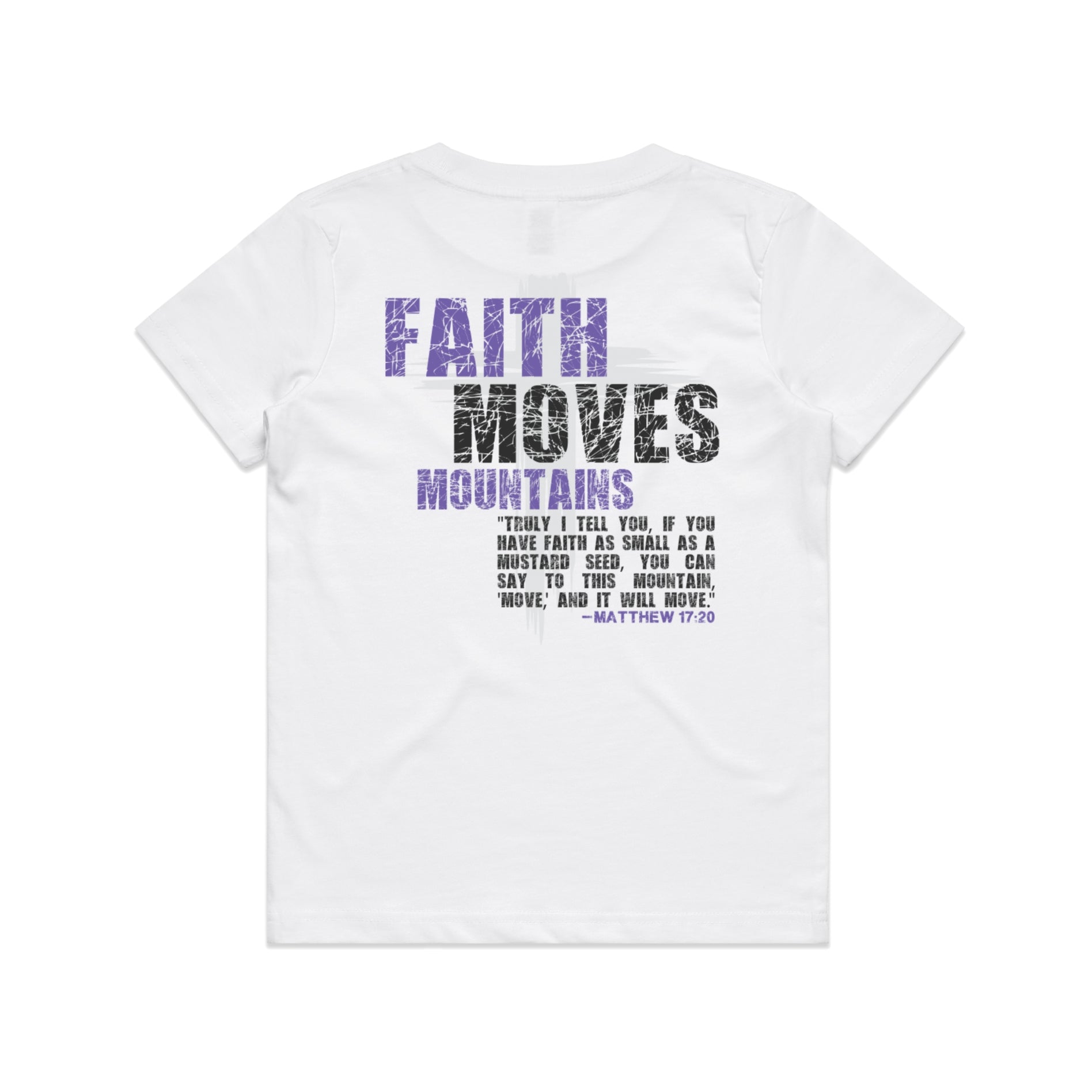 Kid's White T-Shirt Faith Moves Mountains - Matthew 1720