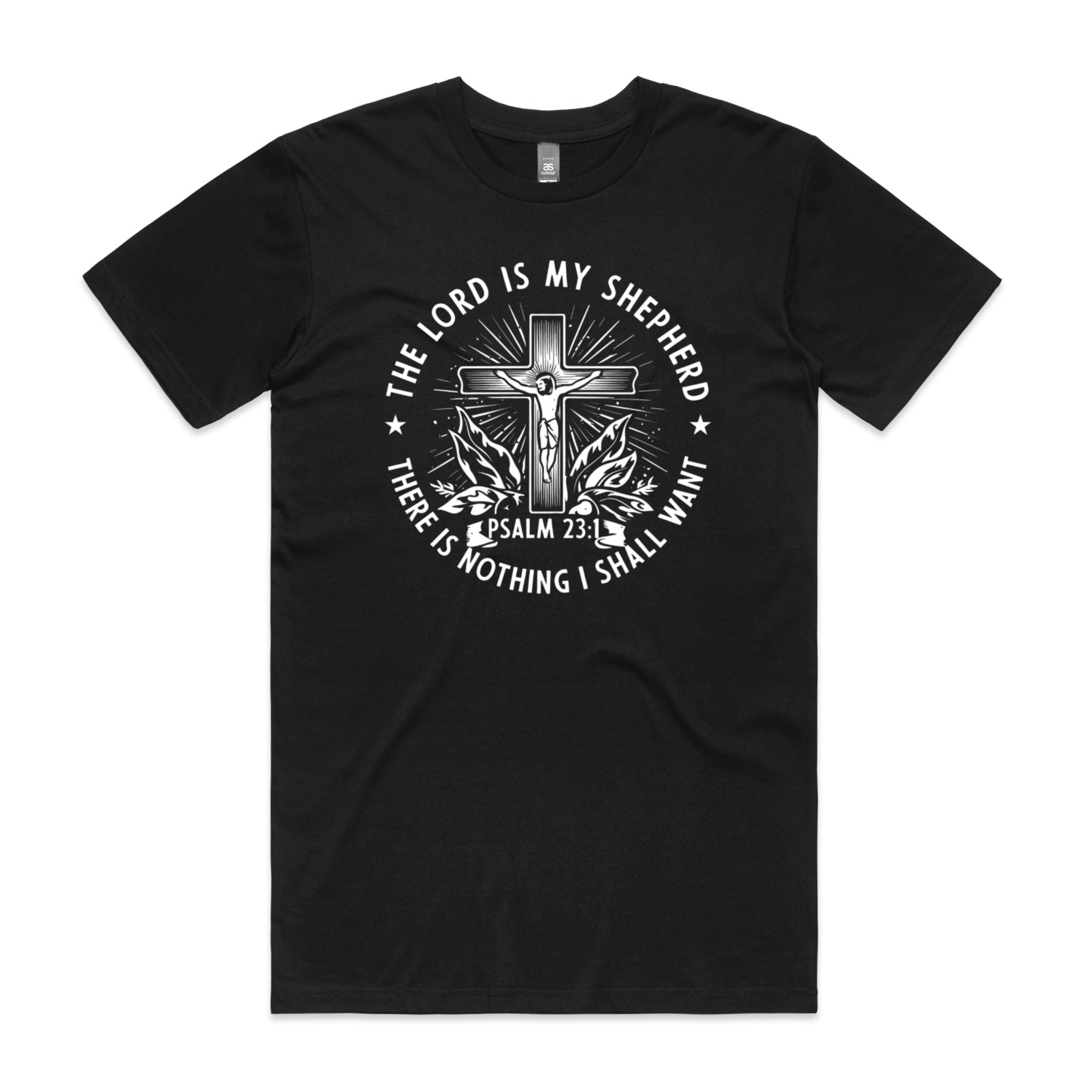 Men's Black T-Shirt The Lord is my shepherd; there is nothing I shall want. - Psalm 231