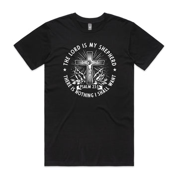 Men's Black T-Shirt The Lord is my shepherd; there is nothing I shall want. - Psalm 231