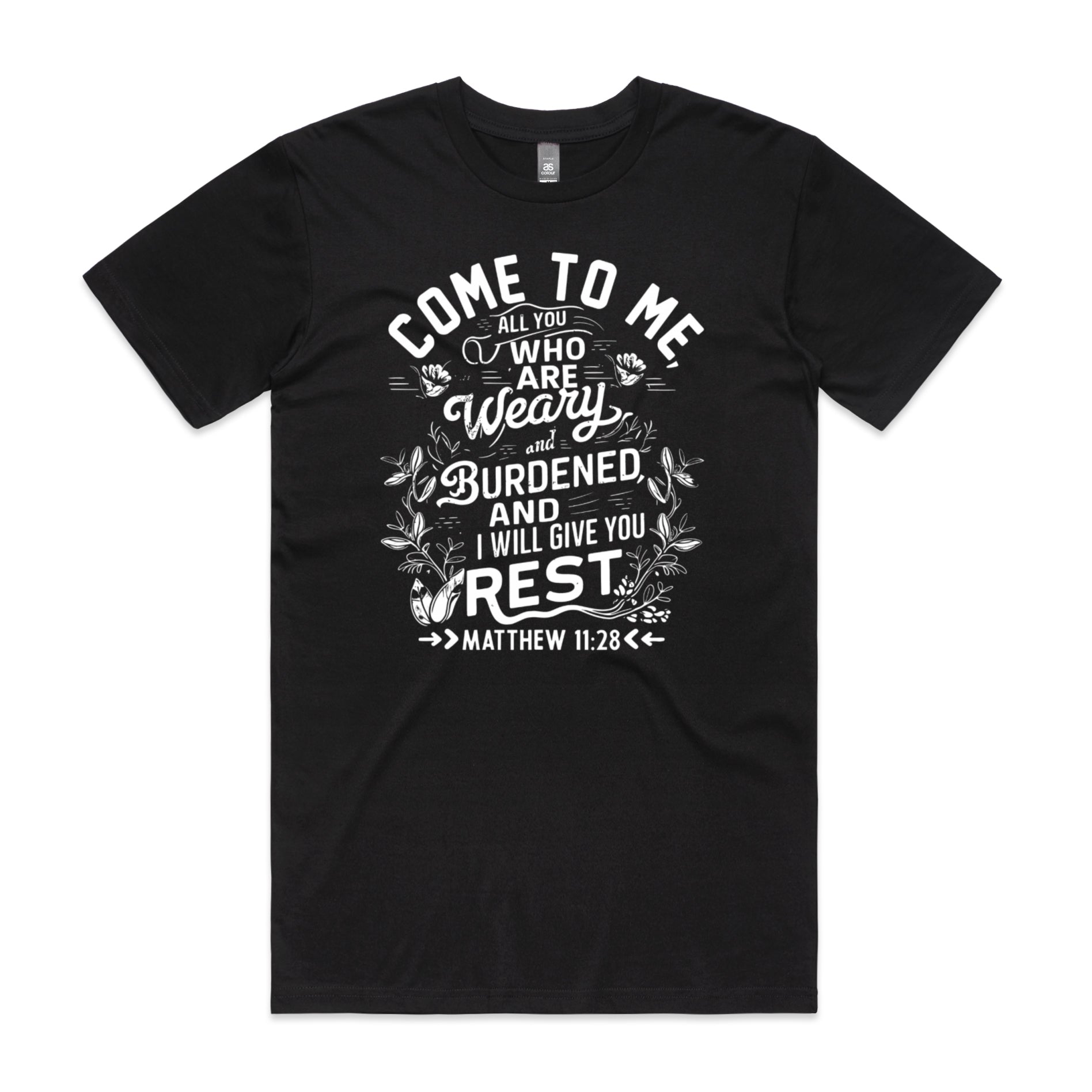 Men's Black T-Shirt Come to me, all you who are weary and burdened. - Matthew 1128