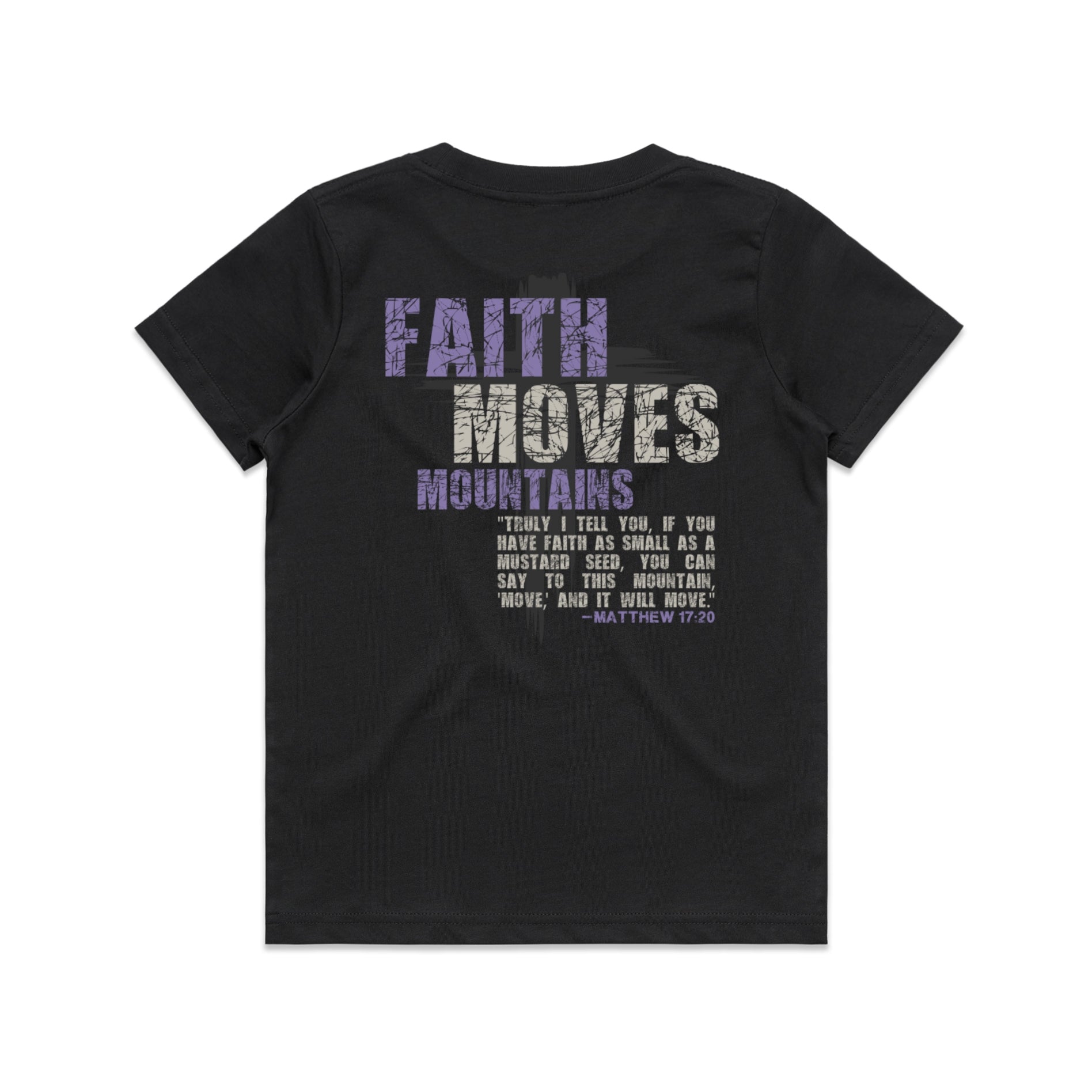 Kid's Black T-Shirt Faith Moves Mountains - Matthew 1720