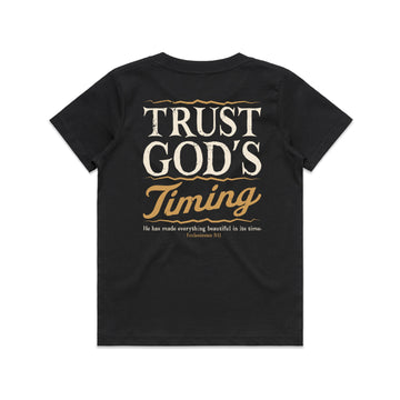 Kid's Black T-shirt Trust God's Timing - Ecclesiastes 311