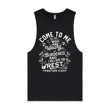 Men's Black Tank Come to me, all you who are weary and burdened, and I will give you rest. - Matthew 1128